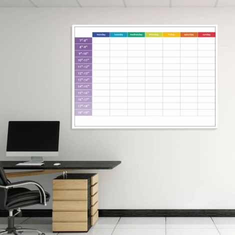 Weekly lean planner whiteboard with hours, English design for office decor. Light-colored walls.