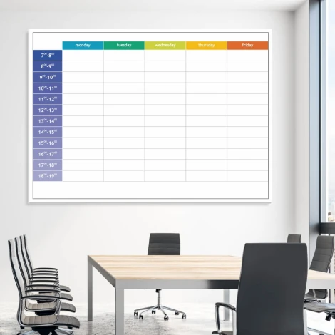 Weekly dry-erase lean planner board with hours, ideal for office arrangement. Bright walls and furniture.