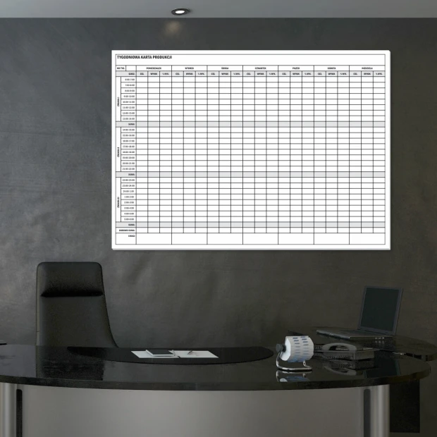 Weekly lean production whiteboard for office setup. Dark-colored walls, minimalist design.