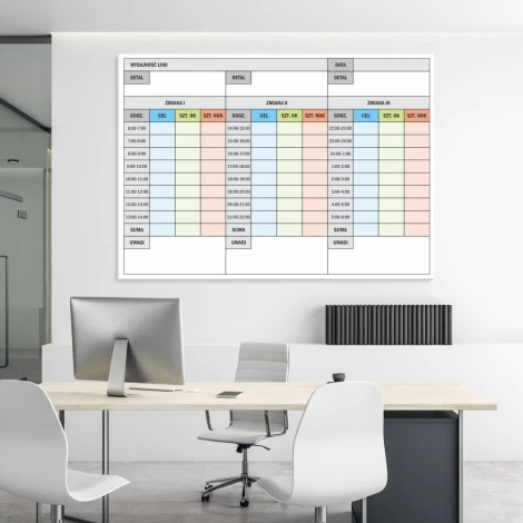 Dry-erase board for lean production efficiency 24h 068 - Office setup with light-colored walls, modern design.