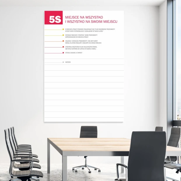 5S dry-erase board with notebook 063 - Office arrangement. Light-colored walls, modern furniture.