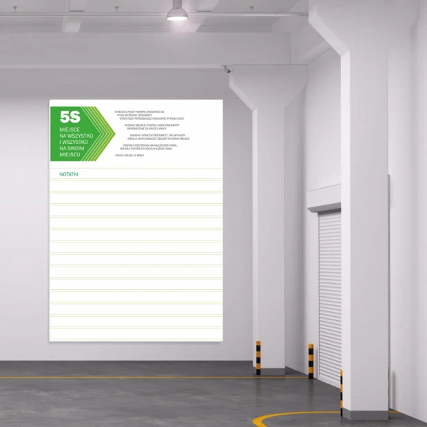 5S dry-erase board with notebook 064 - Graphic design. Green triangle with 5S text and lines for writing.