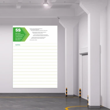 5S dry-erase board with notebook 064 - Graphic design. Green triangle with 5S text and lines for writing.