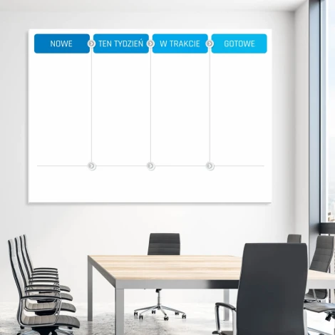 Lean dry-erase Kanban board 124 - Office setup with light-colored walls and modern minimalist furniture.