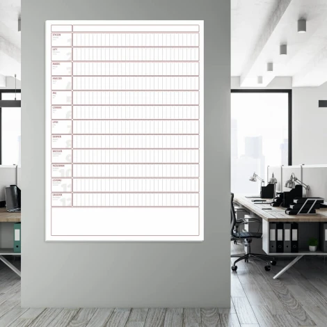 Universal yearly whiteboard calendar - Office setup with light-colored walls, modern desks, and chairs.