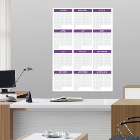 Universal dry-erase annual calendar in English, ideal for office decor. Light-colored walls, modern design.