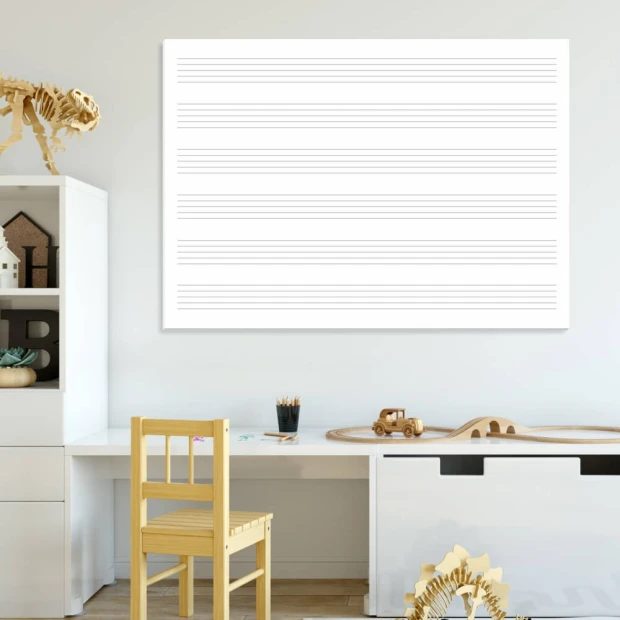 Magnetic whiteboard Five Lines 001 - Decorated in a children\'s room with light-colored walls and simple furniture.