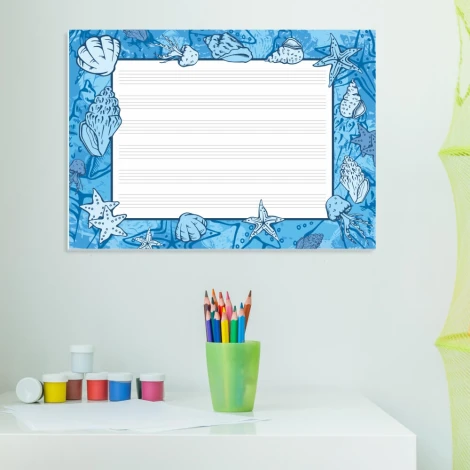 Magnetic whiteboard with five lines 005 - Decorated in a child\'s room with light-colored walls and a desk.