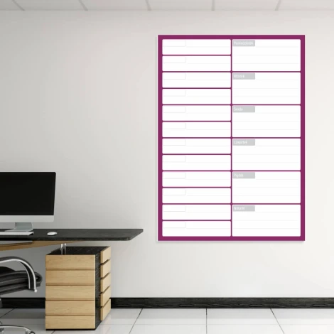 Dry-erase meeting planner with weekly calendar 265 - Office setup with light walls and dark desk.