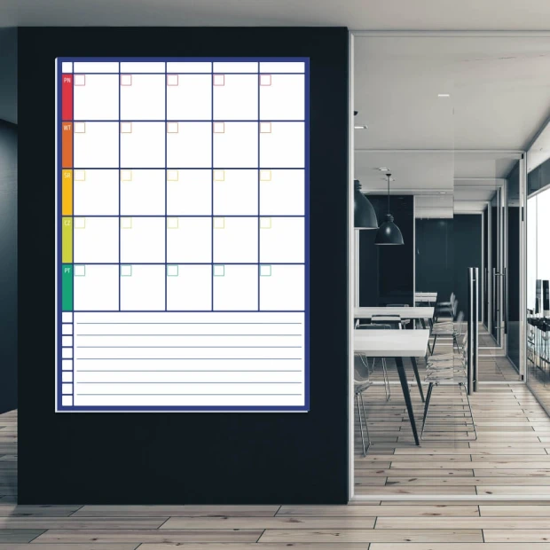 Weekly planner dry-erase board 276 - Office setup with dark walls, wooden floor, and modern design.