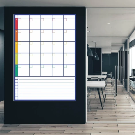 Weekly planner dry-erase board 276 - Office setup with dark walls, wooden floor, and modern design.