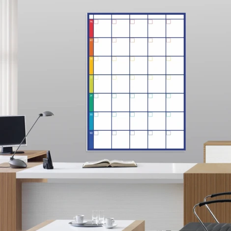 Weekly planner dry-erase board 277 - Office setup with light-colored walls and brown furniture.