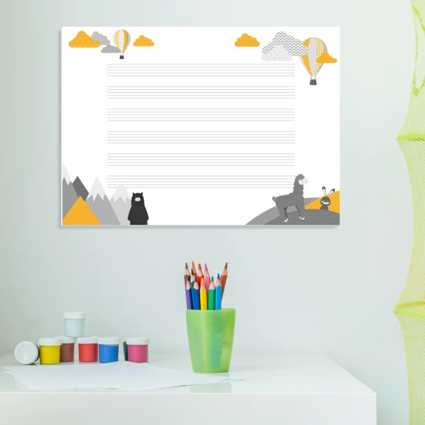 Children\'s dry-erase staff board EDU 054 - Features colorful clouds and balloons on a white background.