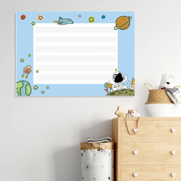 Children\'s dry-erase staff board with space graphics EDU 050 - features drawings on a blue background.