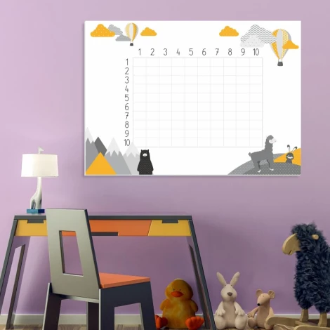 Dry-erase multiplication board for kids EDU 055 - features clouds, balloons, and mountains in a graphic design.