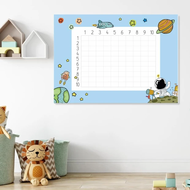 Dry-erase multiplication board for kids, space-themed design with drawings on a blue background.