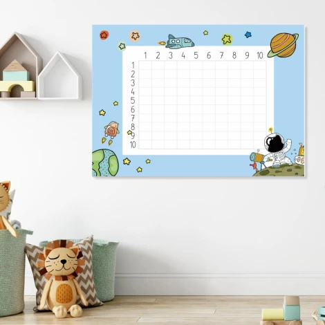 Dry-erase multiplication board for kids, space-themed design with drawings on a blue background.