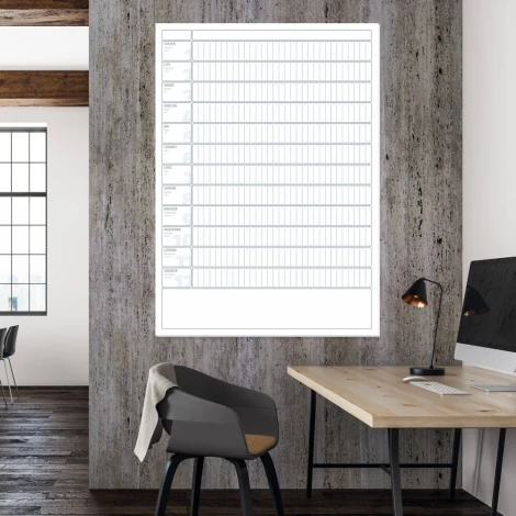 Universal dry-erase calendar magnetic board for office decor. Gray walls and wooden accents.