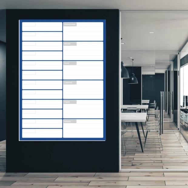 Magnetic dry-erase meeting planner board with weekly calendar for office decor. Light-colored walls.