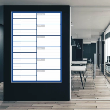 Magnetic dry-erase meeting planner board with weekly calendar for office decor. Light-colored walls.