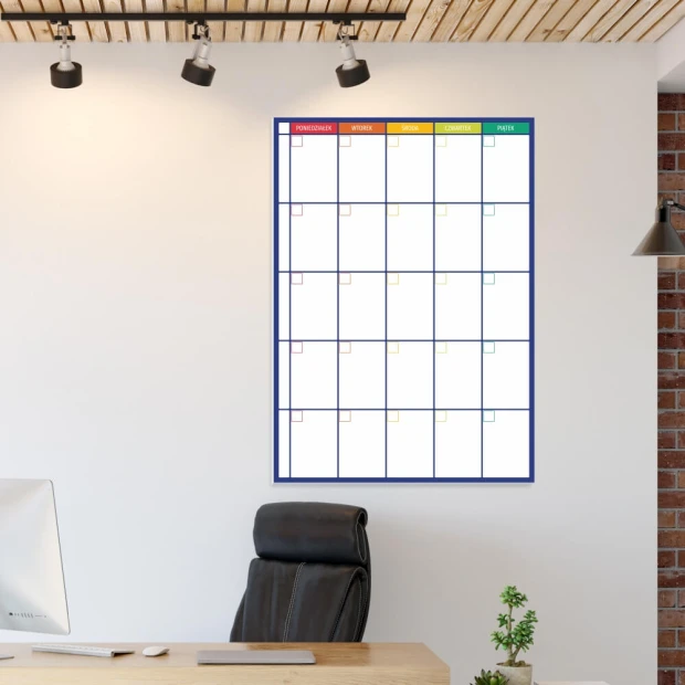 Magnetic whiteboard planner 275 - Office setup with light-colored walls and wooden ceiling finish.