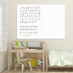 EDU dry-erase board for writing practice, styled in a bright children\'s room with light walls and natural furniture.