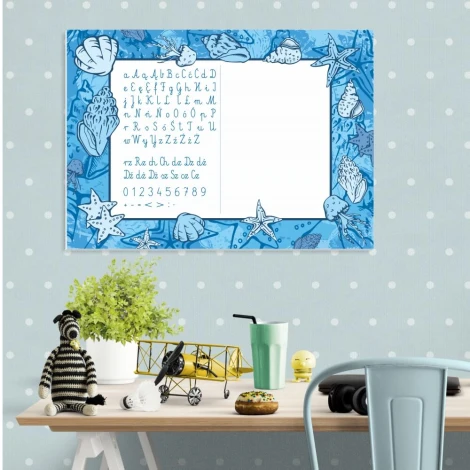 EDU dry-erase board for writing practice 007 - Graphic design with flies and starfish on a blue background.