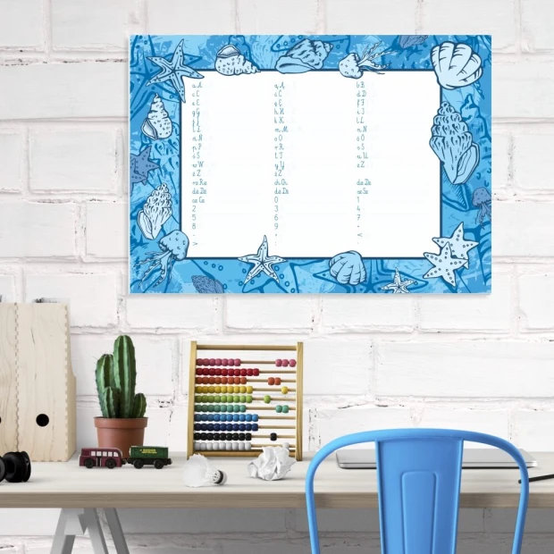 EDU dry-erase board for writing practice - styled in a bright children\'s room with light walls and natural furniture.