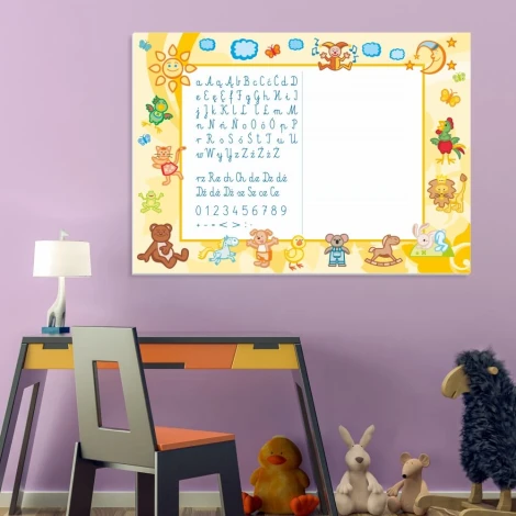 EDU dry-erase board for writing practice - arranged in a purple children\'s room with simple furniture.