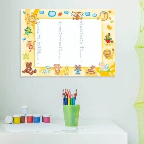 EDU dry-erase board for writing practice 012 - Features colorful animal characters on a light background.