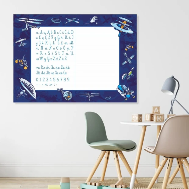 EDU dry-erase board for writing practice, styled in a bright children\'s room with pastel furniture.