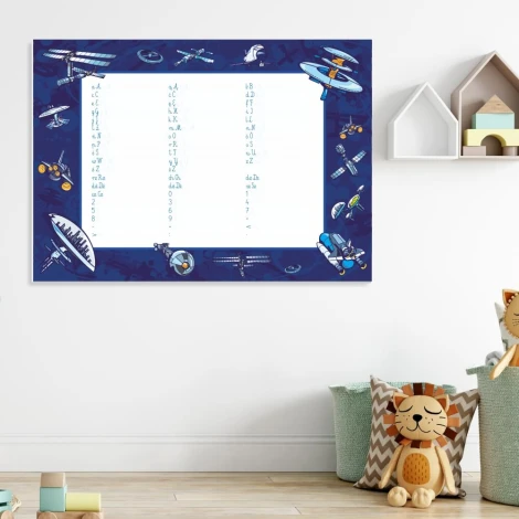 EDU dry-erase board for writing practice - Styled in a children\'s room with light-colored walls and pastel furniture.