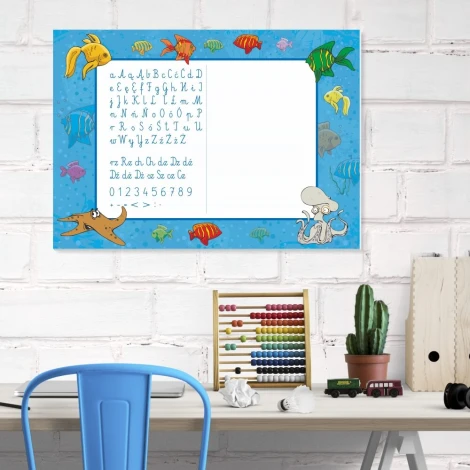 EDU dry-erase board for writing practice - styled in a bright children\'s room with light walls and visible furniture.