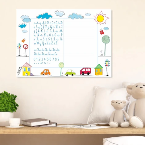 EDU dry-erase board for writing practice 027 - Features letters, numbers, clouds, and a sun design.