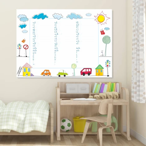 EDU dry-erase board for writing practice, designed for a child\'s room with light-colored walls and natural furniture.