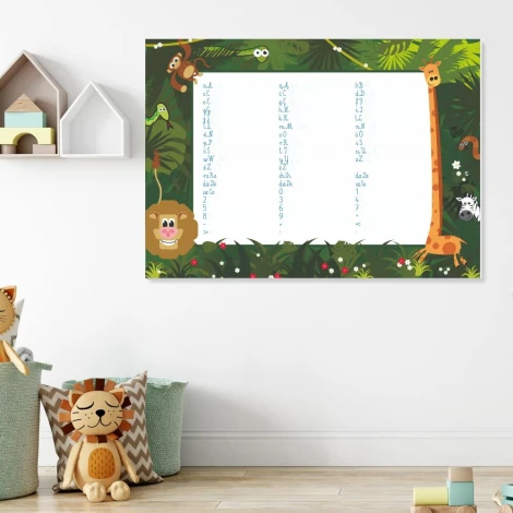 EDU dry-erase board for writing practice 032 - Features animals and letters on a green background.