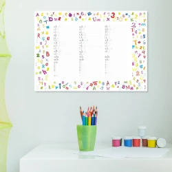 EDU dry-erase board for writing practice 036 - Features colorful letters and numbers on a white background.