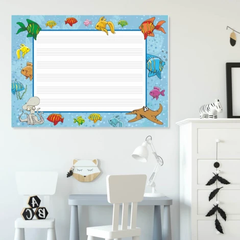 EDU five-line whiteboard 021 - Graphic design with fish, octopus, and starfish on a blue background.