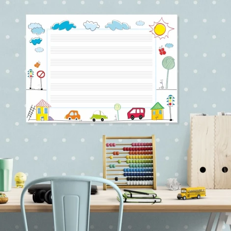 EDU five-line whiteboard 025 - Styled in a children\'s room with light-colored walls and a carpeted floor.