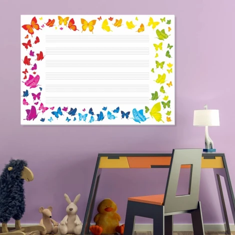 EDU five-line whiteboard 037 - Styled in a children\'s room with purple walls and colorful furniture.