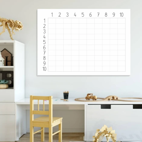EDU dry-erase multiplication board 002 - Office setup with light walls and natural wood furniture.