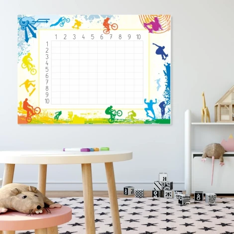 EDU dry-erase multiplication board 018 - Graphic design with silhouettes on a light-colored background.