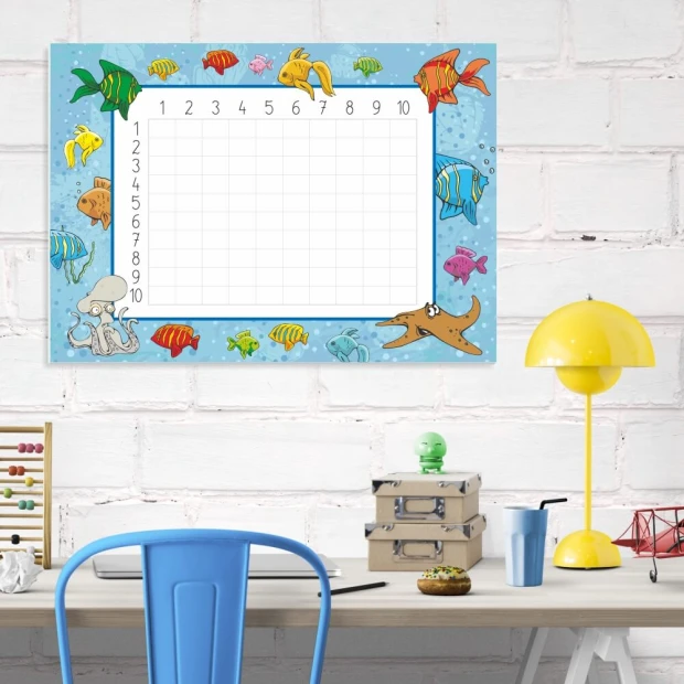 EDU multiplication dry-erase board 022 - Office setup with light-colored walls and pastel furniture.