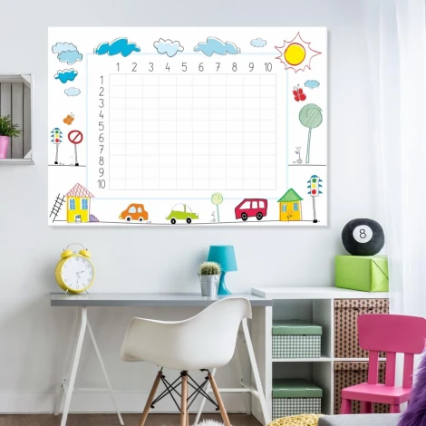 EDU dry-erase multiplication board 026 - Office setup with light-colored walls and modern furniture.