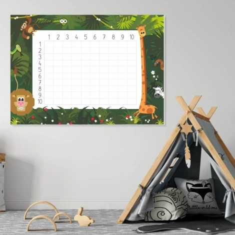 EDU dry-erase multiplication board 030 - Styled in a child\'s room with light-colored walls and a tent in the background.