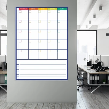 Weekly planner whiteboard with notepad 274 - Office setup with light walls and gray furniture.