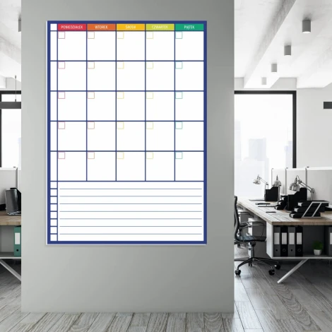 Weekly planner whiteboard with notepad 274 - Office setup with light walls and gray furniture.