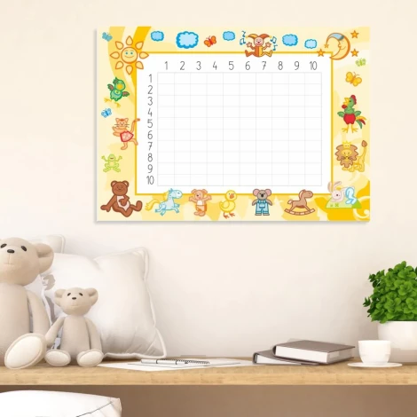Magnetic dry-erase multiplication chart 010 - Features colorful animals on a light background.