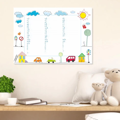 Magnetic dry-erase writing board 028 - Decorated in a bright children\'s room with colorful walls and furniture.