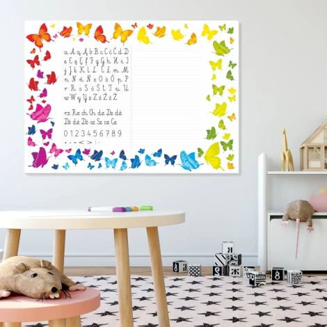 Magnetic dry-erase writing board 039 - Decorated in a children\'s room with light-colored walls and flooring.
